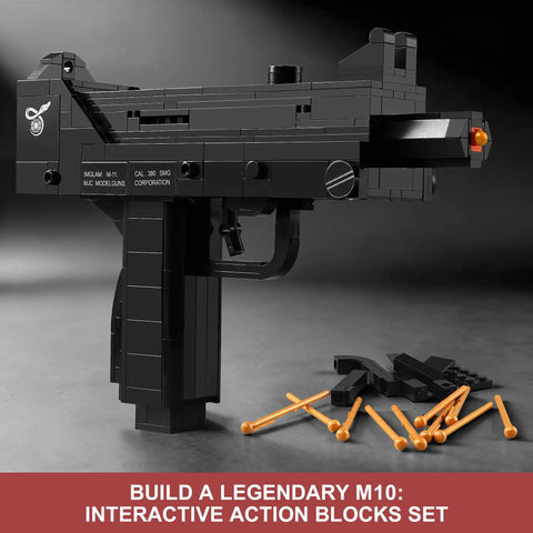 Two In One Gun Building Blocks Set With 800 Pieces Lets You Build MAC10 SMG And PPK Pistol Features Working Trigger Moving Slide Removable Magazine And 12 Plastic Projectiles For Build Play Display And Collectors Ages 8 And Up, black LEGO-style MAC-10 model with orange projectiles
