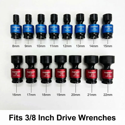 Nanwei 15-Piece Metric 3/8 Drive Swivel Impact Socket Set Heavy Duty Cr-Mo Steel Universal Wobble Tool Kit With Storage Case For Auto Repair Jobs, 8-22mm sockets