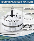 Technical diagram of Replacement Attic Fan Motor Kit With 1100 RPM 1/10 HP 120V, 5 inch diameter, lead wire shown