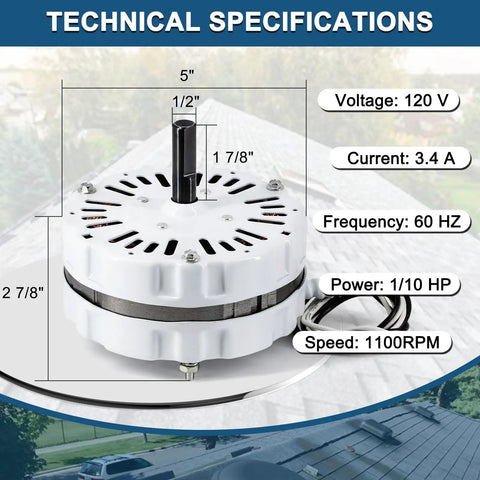 Technical diagram of Replacement Attic Fan Motor Kit With 1100 RPM 1/10 HP 120V, 5 inch diameter, lead wire shown