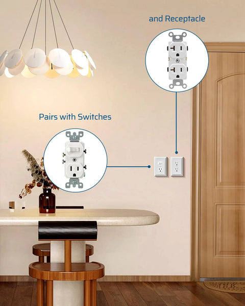 Four Pack White Metal Outlet Covers With Retro Texture installed on wall near table with decor and diagrams of switch pairings