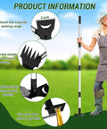 Diagram of Long Handle 2 In 1 Weed Puller Tool With Garden Hoe And Weed Rake, highlighting features with woman holding the tool.