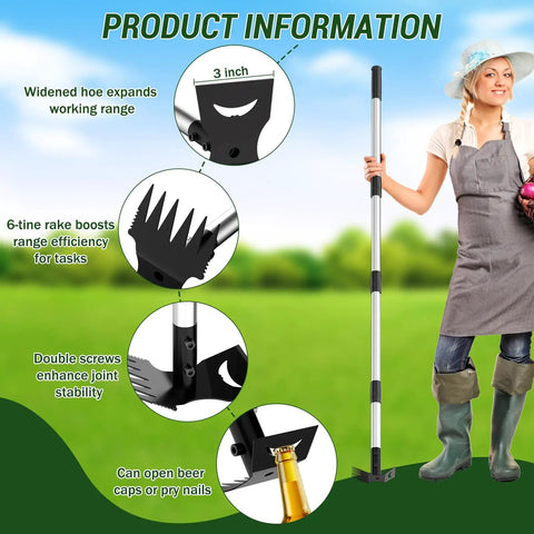 Diagram of Long Handle 2 In 1 Weed Puller Tool With Garden Hoe And Weed Rake, highlighting features with woman holding the tool.