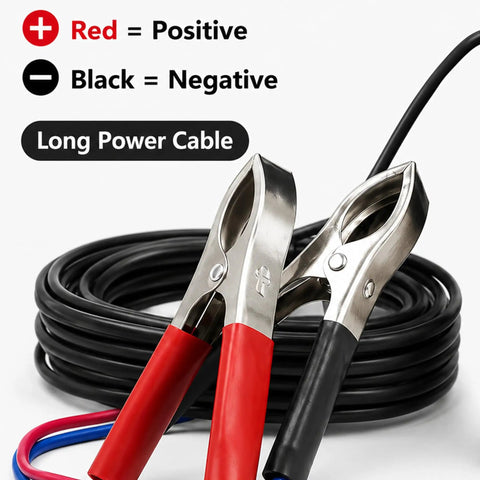 No Fuss 12V Submersible Transfer Pump For Water Diesel Oil With Built In Filter Solid Sump Pump, red and black alligator clips with cable.