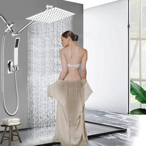 All Metal Rain Shower Head And Handheld Spray Combo With High Pressure Square Head 13 Inch Extension Arm 78 Inch Hose