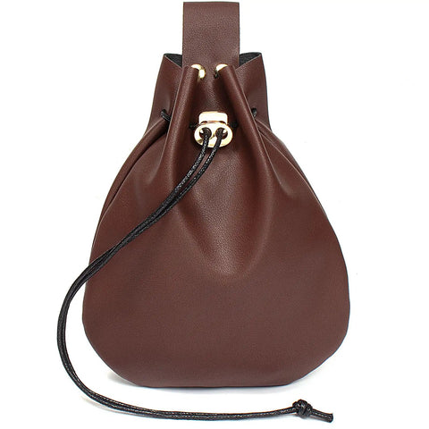 Badass Brown Leather Belt Pouch For Medieval Renaissance And Viking Larp Cosplay Drawstring Waist Bag with a snappy pocket.