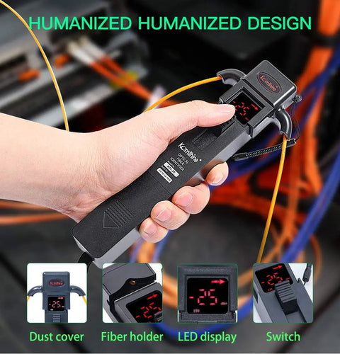 Heavy Duty Fiber Optic Identifier Break Checker With Audible Alarm, user holding device near fiber optic cables, LED display visible