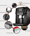 Smooth Operator Electric Espresso Machine With Creamy Milk Frother And Custom Grind Settings Smart Touch Screen Control, features display and water outlet.