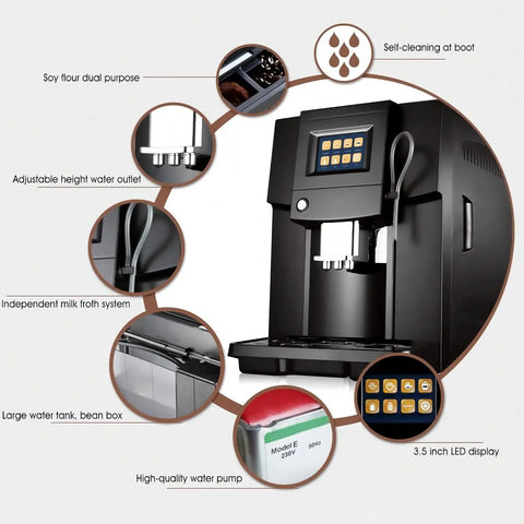 Smooth Operator Electric Espresso Machine With Creamy Milk Frother And Custom Grind Settings Smart Touch Screen Control, features display and water outlet.