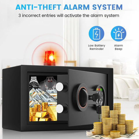 Open compact home safe with alarm system containing cash, jewelry, and gold coins, ideal for dorms and small apartments.