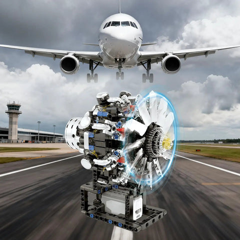 Mini Turbofan Engine Model Kit That Actually Runs on runway with airplane in background.
