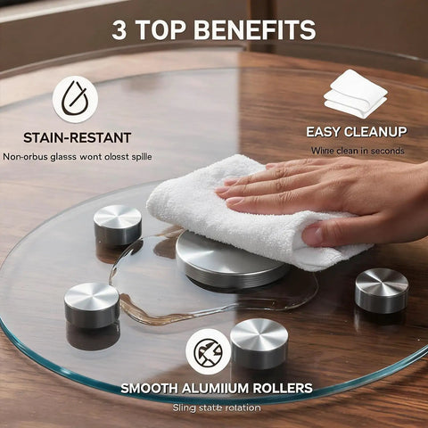 Cleaning Game-Changing 7mm Tempered Glass Lazy Susan Turntable With Smooth Quiet Rotation, Double Layer Aluminum Base.