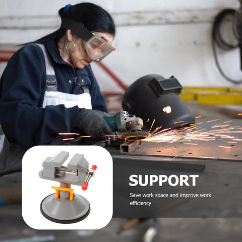 Person using power tool with Rotating Small Bench Vise With Swivel Base Heavy Duty Clamp For Woodworking And Welding Table Use displayed.