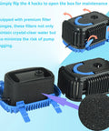 Pond Filter With Pump And Fountain Kit With RGB Light For Outdoor Ponds, open view of black and blue filter components with foam insert