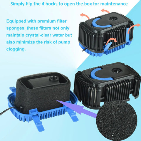 Pond Filter With Pump And Fountain Kit With RGB Light For Outdoor Ponds, open view of black and blue filter components with foam insert