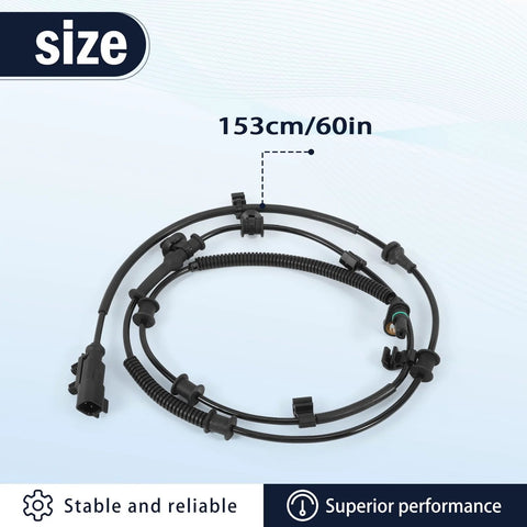 Two ABS wheel speed sensors with wiring harness for Jeep Wrangler/Gladiator front wheels, black plastic, 153 cm long