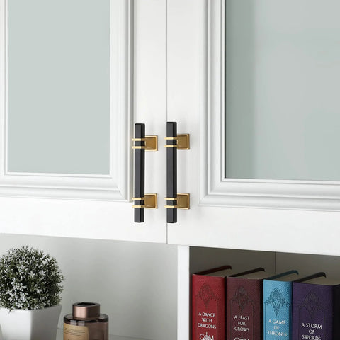 10 Pack 5 Inch Center Hole Black And Gold Cabinet Pulls on white cabinet with stainless steel square tube handles