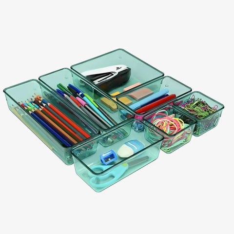 Modular Drawer Organizer Set With Seven Bins In Four Sizes For Office Home Makeup And Kitchen Clear Green Plastic Storage Trays That Keep Your Junk Drawer Tidy And Easy To Find, showing assorted items neatly organized.