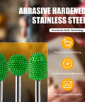 Heavy Duty Tungsten Carbide Rotary Burr Set 1/4 Shank 3 Piece Beefy Ultra Coarse Cut For Knockout Material Removal And Crisp Engraving Results On Wood Metal And Composites, featuring green abrasive hardened steel burrs.