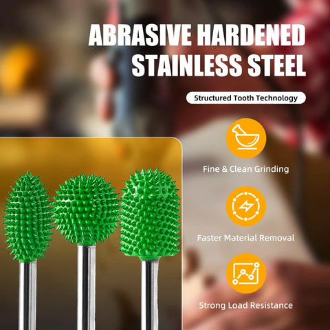 Heavy Duty Tungsten Carbide Rotary Burr Set 1/4 Shank 3 Piece Beefy Ultra Coarse Cut For Knockout Material Removal And Crisp Engraving Results On Wood Metal And Composites, featuring green abrasive hardened steel burrs.
