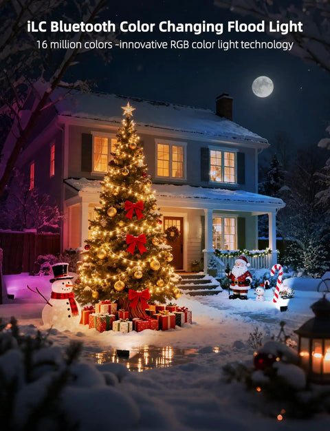 Festive house scene with Christmas tree and 30W Outdoor RGBW Flood Light With Bluetooth App Control, Color Changing LEDs, illuminated garden