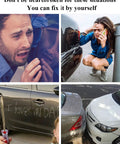 Collage showing car scratches and dents, people upset; promotes Pearl White Touch Up Paint Pen for Tesla Model Y 3 X S scratch repair.