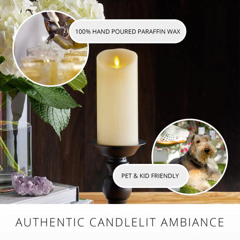 Ivory Scalloped Edge Flameless LED Pillar Candle With Real Wax Look Moving Flame No Mess, 4 Inch Diameter By 5.3 Inch Height in holder