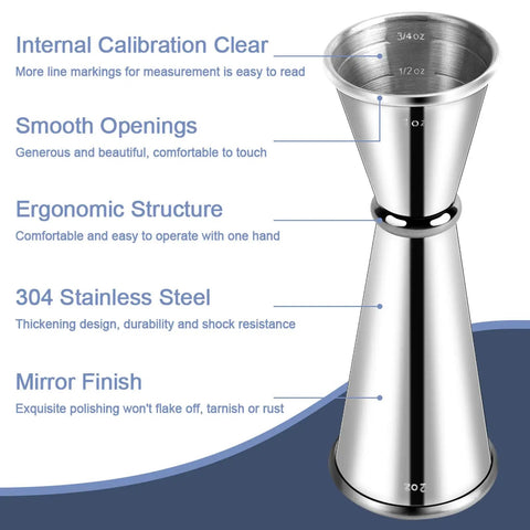 Double head cocktail jigger for bartending with inside measurements Japanese Grade 304 stainless steel barware 1 oz and 2 oz.