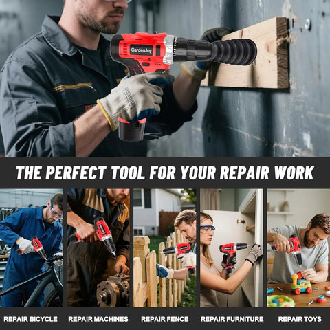 Person using 12V Cordless Drill And Driver Set With Two Batteries Ultra Lightweight Two Speed 24 And 1 Position on wood fence.