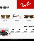 RB4306F Hexagonal Sunglasses With Light Havana Frame And Polarized B15 Brown Lenses shown from front, side, top with packaging