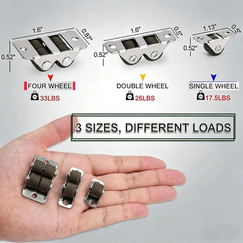 Built Tough 0.5 Inch Double Roller Mini Caster Wheels With Flat Steel Mount in three sizes with weight ratings shown.