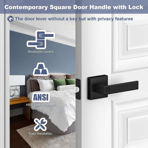 Privacy Door Lock Set 10 Pack Matte Black Keyless Door Handles for Interior Doors shown installed in bedroom scene