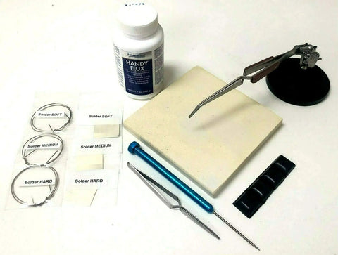 All-In-One Jewelry Soldering Kit With Flux, 3rd Hand Base, Fiber Grip Tweezers, Silver Wire, Ceramic Board, and Pick
