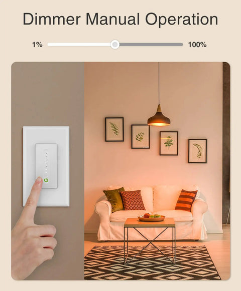 Smart Dimmer Switch For Dimmable LED Bulbs And Ceiling Fans, Voice Control With Alexa And Google Home, Single Pole, Neutral Wire Required, shown in a living room scene.