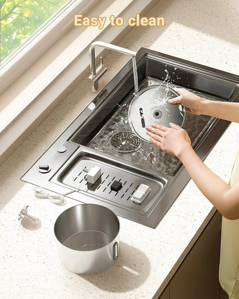 Stainless Steel Cat Water Fountain 74oz Automatic Pet Water Dispenser being cleaned in a sink, showing easy maintenance.