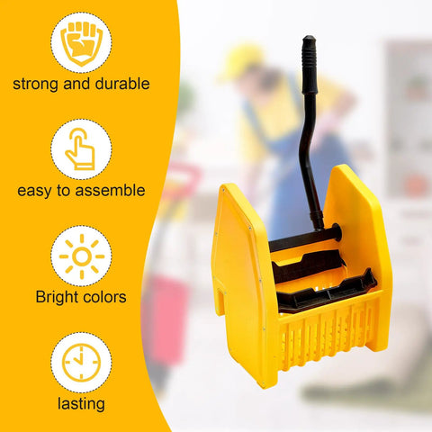 Yellow Down Press Mop Wringer Top Shelf Commercial Cleaning Gear Heavy Duty Workhorse Fits 26 Or 33 Quart Buckets side view with handle