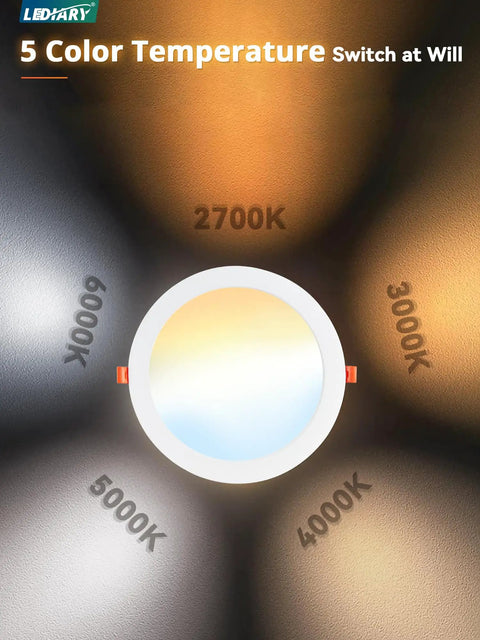 8 Inch Slim LED Recessed Lighting 6 Pack Ultra Thin Canless Downlights 5CCT Selectable 2700K To 5000K Smooth Dimmable Super Bright 1900 Lumens 18W Equal 180W With Jbox IC Rated ETL Listed For Home Ceilings