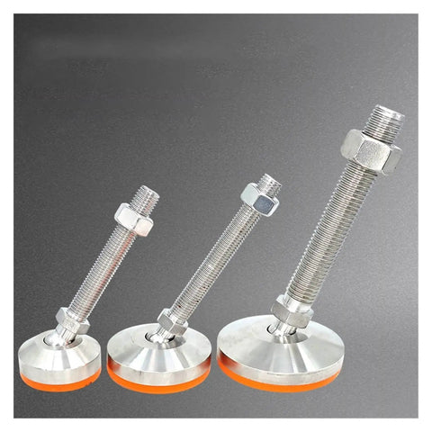 Rock Solid Adjustable Leveling Feet Featuring Straight Up Heavy Duty 304 Stainless Steel Universal Cup Mounts Built Tough For Shop Benches And Cabinets Kills Vibration On Uneven Floors Quick Grip M20 X 100mm Base - three adjustable feet with rubber bases.