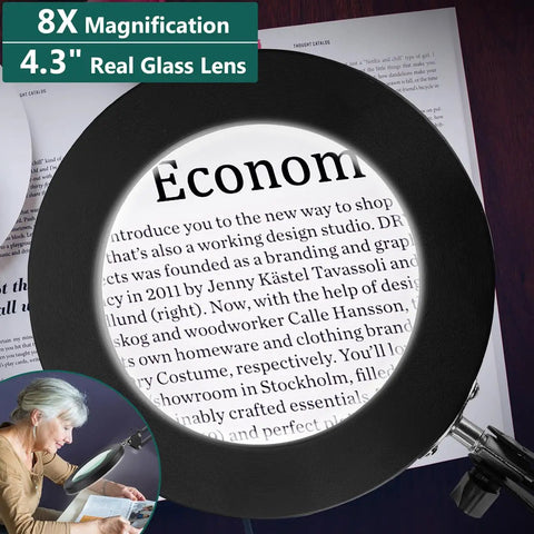 Image of a Magnifying Glass With Light And Stand For Close Work Two In One Desk Lamp And Clamp Eight X Magnification Real Glass Magnifier focusing on text.