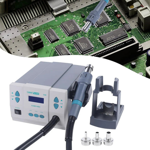 Powerhouse 1000W Hot Air Rework Station With Turbo Brushless Fan, Digital LCD, 3 Nozzles, and PCB chips in background