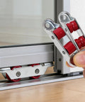 4Pcs Set Rock Solid Steel Slider Door Rollers With Silent Dual Nylon Wheels 16Mm Double Groove Design shown with red wheels.