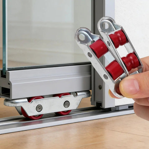4Pcs Set Rock Solid Steel Slider Door Rollers With Silent Dual Nylon Wheels 16Mm Double Groove Design shown with red wheels.