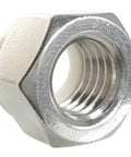 Close-up of a single nut from 25 Pack 3/8-16 Stainless Steel Nylon Insert Hex Lock Nuts With Hex Socket Drive, visible threading
