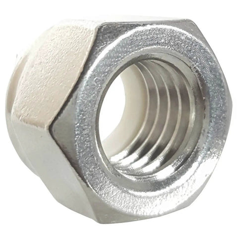 Close-up of a single nut from 25 Pack 3/8-16 Stainless Steel Nylon Insert Hex Lock Nuts With Hex Socket Drive, visible threading
