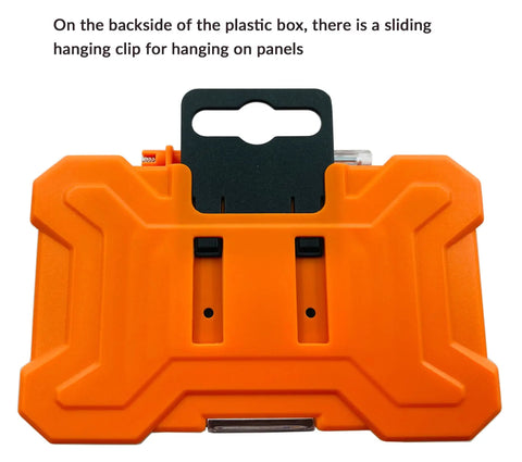 Backside of storage case for 8-Piece HSS M2 Brad Point Wood Drill Bit Set with sliding hanging clip.