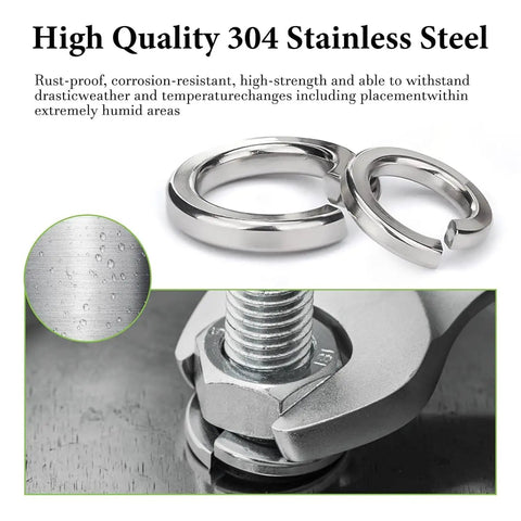 SAE Spring Lock Washers Assortment Kit 910 Pack With Nine Sizes In 304 Stainless Steel for screws and bolts close-up view.