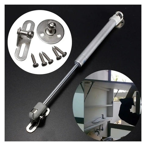 Heavy Duty Pneumatic Gas Struts Hydraulic Cabinet Door Lift Knockout Kitchen Prop Holder with installation hardware displayed.
