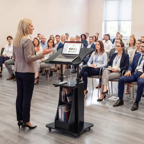 Slick Height Adjustable Standing Desk With Smooth Rolling Casters, Tilting Lectern Stand in use during a presentation.