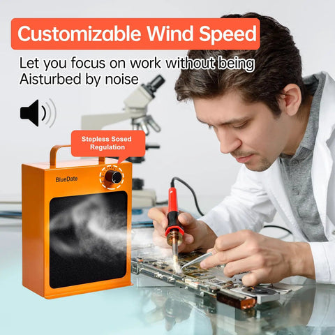 Heavy Duty HEPA Solder Fume Extractor Fan With Activated Carbon Double Filter, compact orange blower at DIY workstation.