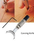 Carving knife from 65 Piece Leather Craft Tools Kit with Stamping Punches, Dotting Tools, Rotating Knife, Swivel Knife, shown engraving leather.
